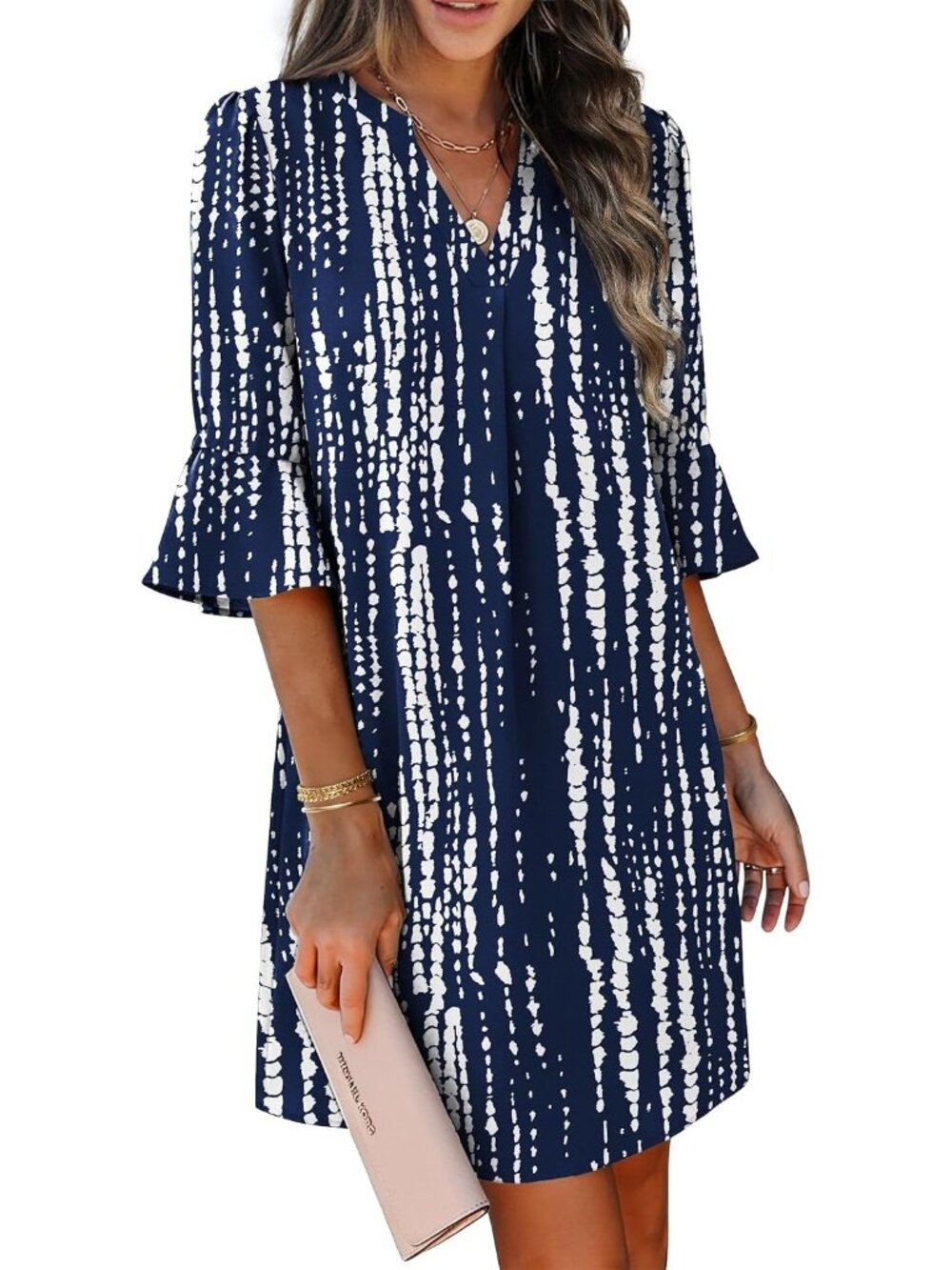 〽️Women's Blue Tie Dye Floral Shift Dress V Neck Ruffle Sleeve Summer Pockets